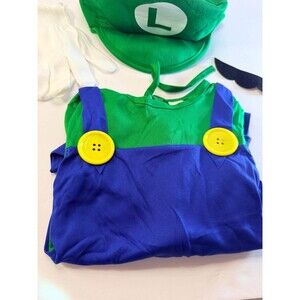 Luigi Halloween Costume Kids Medium 7-9 Super Mario Unisex Hat Gloves Mustache